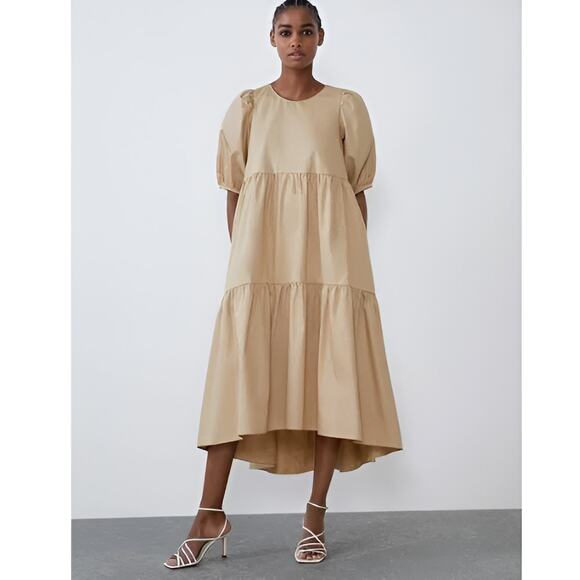 Zara Dresses & Skirts - Zara Asymmetrical Hem Poplin Tiered Puff Sleeve Midi Dress Camel Beige Size S